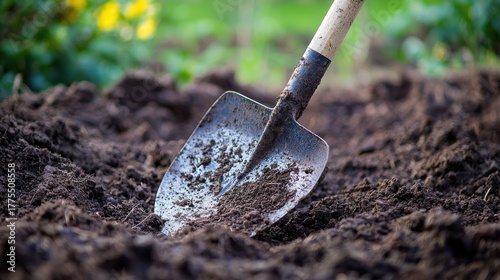 A shovel in a pile of dirt with a wooden handle.
