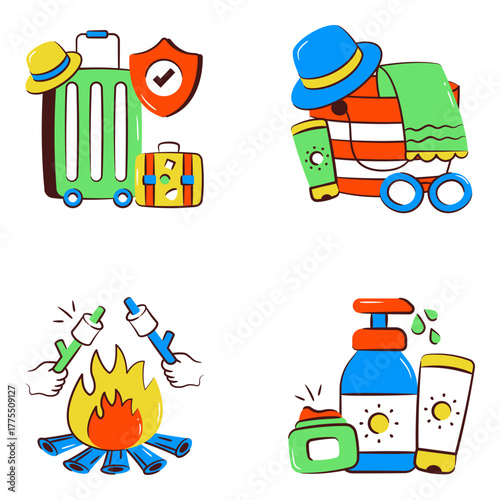 Set of Travel and Beach Doodle Icons
