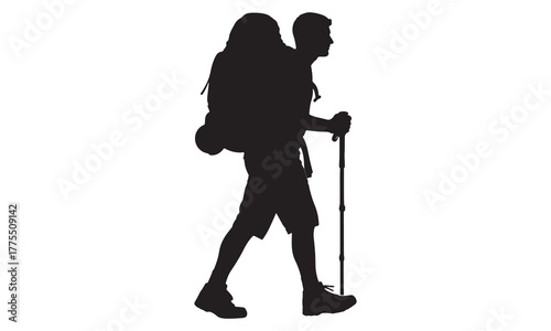 Hiker with backpack and trekking pole silhouette