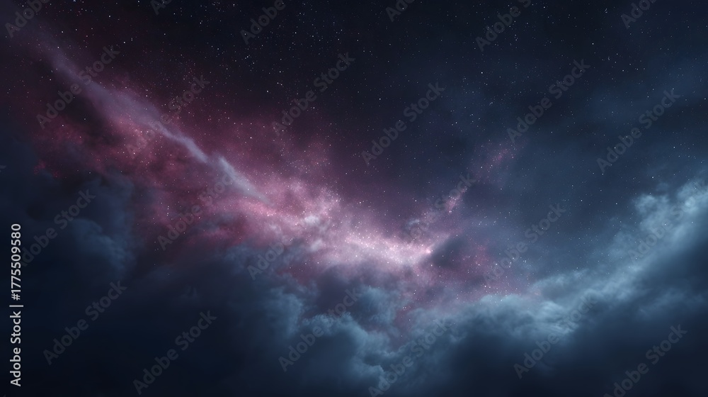 Obraz premium A vibrant pink and purple nebula glows amidst dark clouds and countless stars in the infinite expanse of deep space