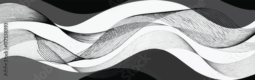 Pola garis gelombang hitam putih abu‑abu, kontras tinggi, clean, simetris, noise‑free, elegan untuk abstrak premium