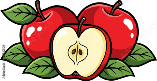 Two whole apples and one sliced apple with green leaves