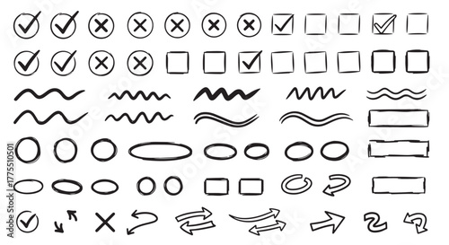 Super set hand drawn check mark with different circle arrows and underlines. Doodle v checklist marks icon set. Vector illustration