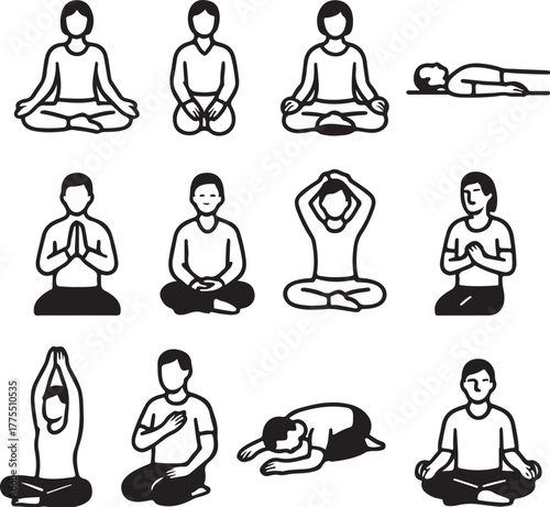 Ten meditative postures, black and white vector illustration, symmetrical design, SVG ready.eps