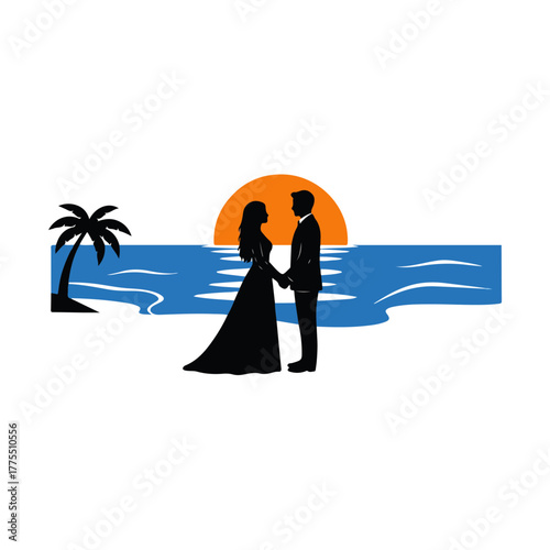 Beach Wedding Silhouette Couple Holding Hands, Sunset, Palm Tree