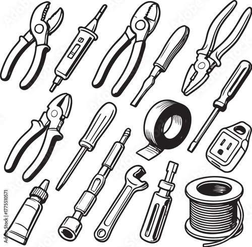 electrician tools black and white vector illustration, angled view, SVG ready.eps