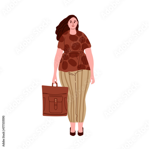 Plump Woman With long dark hair standing with hand bag. Overweight Girl in fashionable, comfortable casual clothes. Flat cartoon vector isolated illustration on white background. Casual Fashion.
