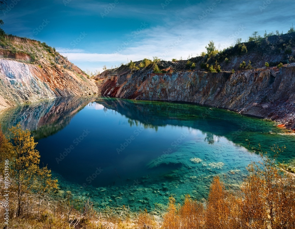 Fototapeta premium abandoned mine site now teeming with aquatic life as a new lake forms within its depths