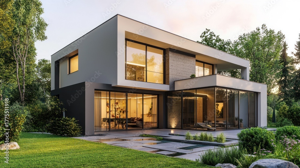 Fototapeta premium A modern, minimalist house with large glass windows and a green lawn in front.