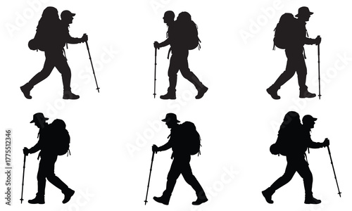 Six silhouettes of a hiker with backpack and trekking pole