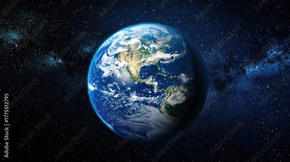 Fototapeta premium The Earth, a blue planet with green continents and white clouds against a starry night sky.