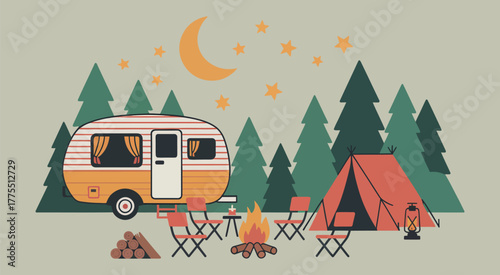 Tranquil forest campsite at night with a classic camper, tent, and warm bonfire under the moon and stars