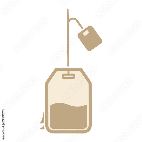 An illustration of a teabag with a string and tag, ready for brewing a hot beverage.