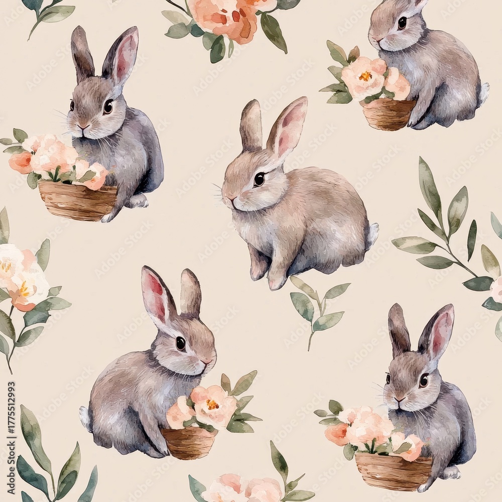 Obraz premium Cute Watercolor Rabbits with Floral Arrangements Pattern Design