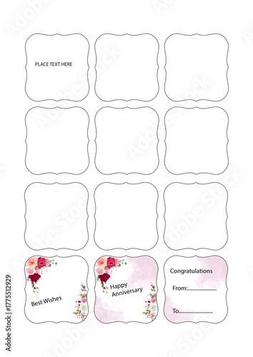 Printable floral gift tags set with greetings in English – Best Wishes, Happy Anniversary, Congratulations labels 