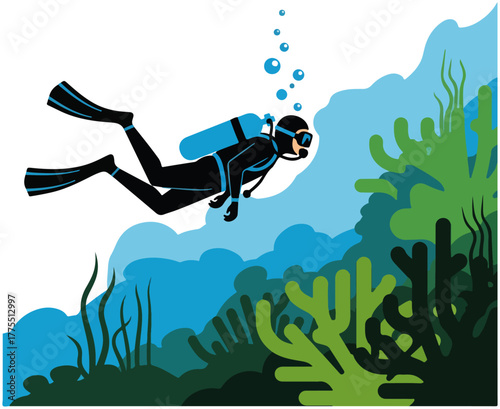 Diver Swimming Underwater with Coral Reef Illustration
