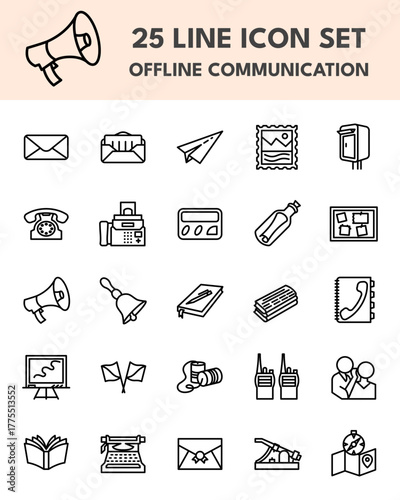 vintage analog icon set mail telephone paper document communication media symbol retro offline interaction concept minimal outline style