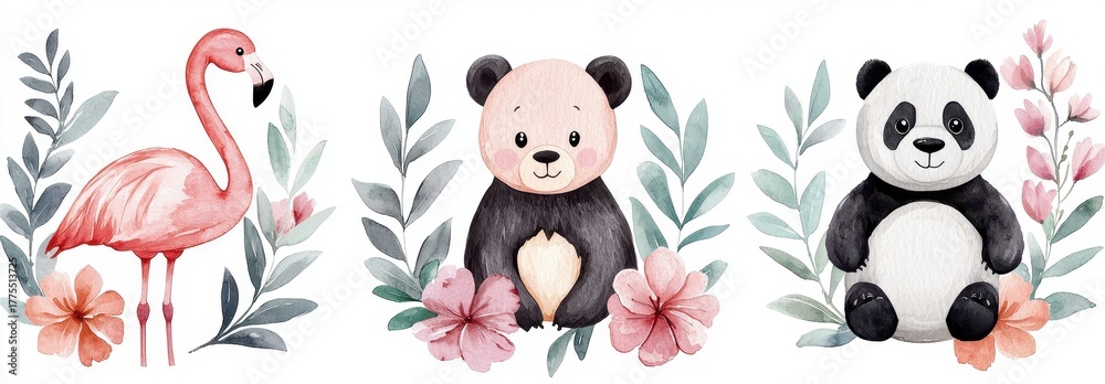 Obraz premium Cute Animals and Tropical Plants Illustration for Children’s Decor