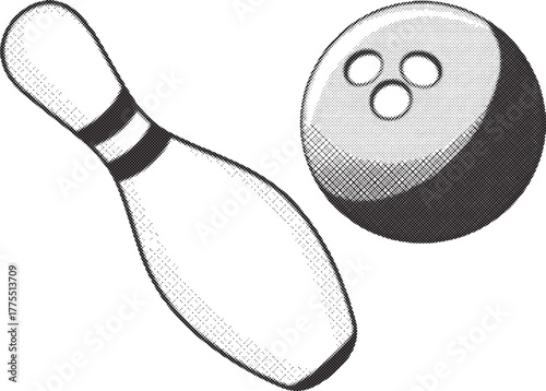 Halftone Bowling Pin and Ball Vintage Black Dotted Vector Illustration
