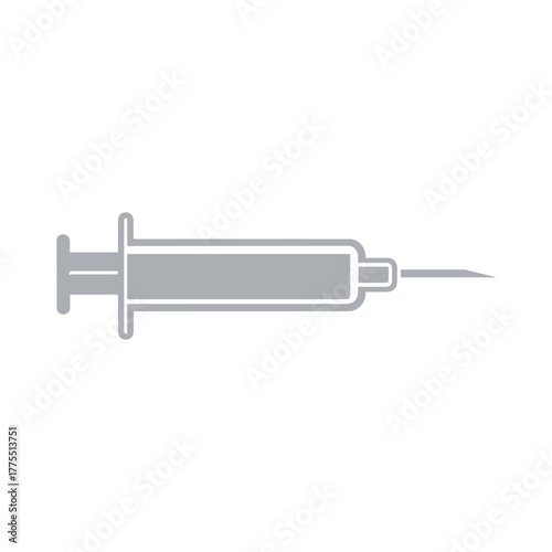 Simple grey flat icon of a medical syringe with a sharp needle for injections.