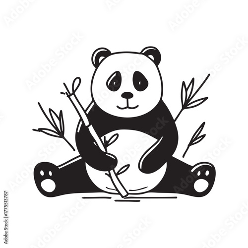 A panda seated in the zoo holding bamboo
