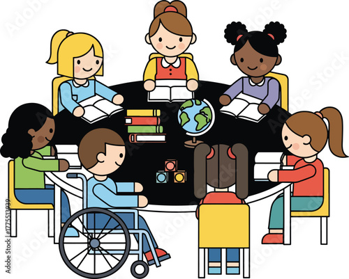 Diverse group of children sitting around a table with books and globe in a classroom setting with a colorful and educational mood.