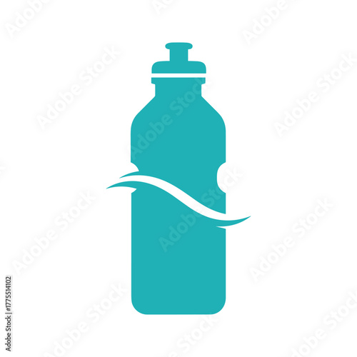Teal colored graphic illustration of a water bottle with a wave design on a white background, symbolizing hydration and active lifestyle.