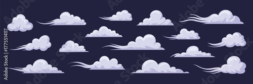 Cartoon Smoke and Cloud Vector Collection,  Flat illustration set with various smoke curls and cloud shapes on dark blue background, ideal for weather, vapor, and fantasy design projects.