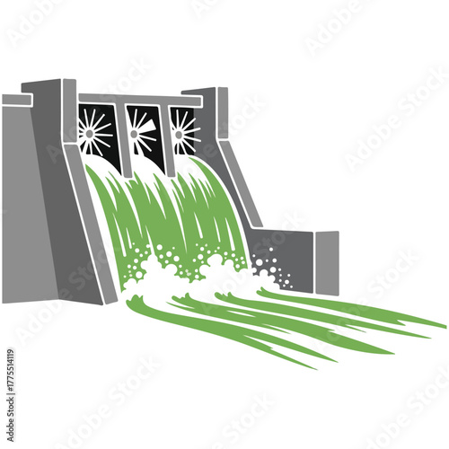 Hydroelectric Dam Illustration, Green Water Flow, Renewable Energy