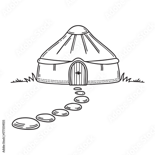 A yurt set beside a pathway lined with stones