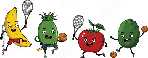 Funny fruit characters playing sports, banana tennis, pineapple baseball, tomato running, papaya basketball, healthy lifestyle, kids fun, cartoon illustration