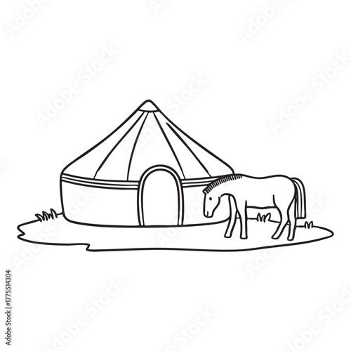 A yurt placed near a horse grazing on dry grass