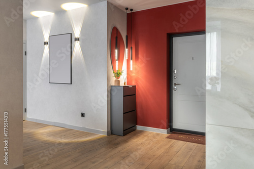 Stylish Apartment Hallway with Red Accent and Lighting