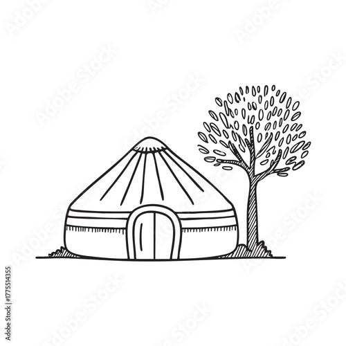 A yurt located near a tree casting afternoon shadows
