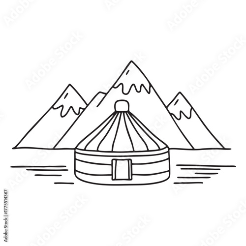 A yurt facing a snowy mountain range