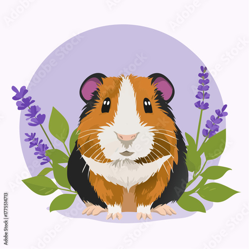 A gentle guinea pig sits on a plain lavender background, fur soft and nose sniffing the air.