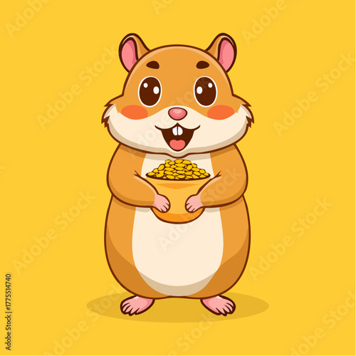A hamster stands on a yellow background with cheeks stuffed full of food and a surprised expression.