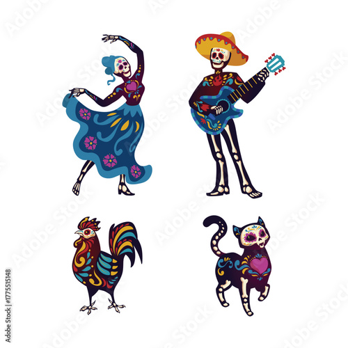 Day of the dead, Dia de los muertos characters dancing Catrina or mariachi musician skeletons and sugar skulls decorated with Mexican elements. Halloween holiday party, Cartoon vector illustration