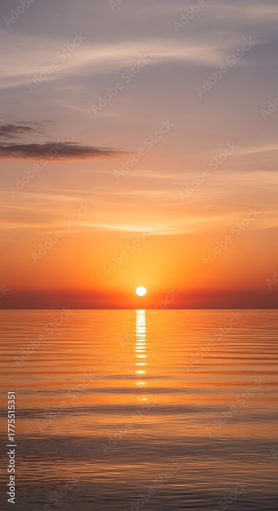 Fototapeta premium Golden Sunset Over Calm Ocean Water Reflecting Sunlight.