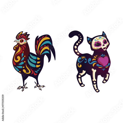 Day of the dead, Dia de los muertos characters dancing Catrina or mariachi musician, cat and cock skeletons decorated with Mexican elements. Halloween holiday party, fest, Cartoon vector illustration