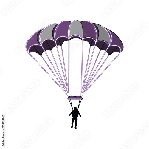 Purple Parachute with Skydiver Silhouette on White Background