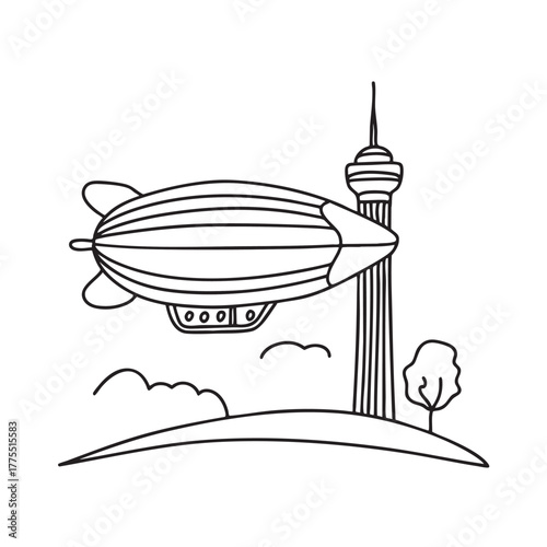 A zeppelin positioned close to a hilltop radio tower