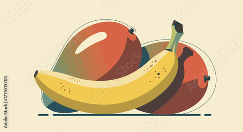 Minimalist Illustration Featuring a Banana with Mangoes, a Tropical Still Life
