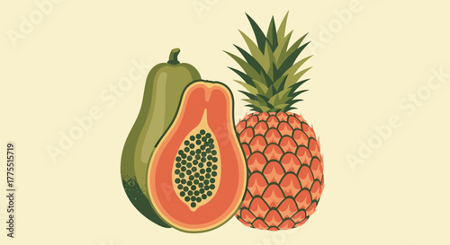 Minimalist tropical fruit still life featuring pineapple, papaya, and avocado