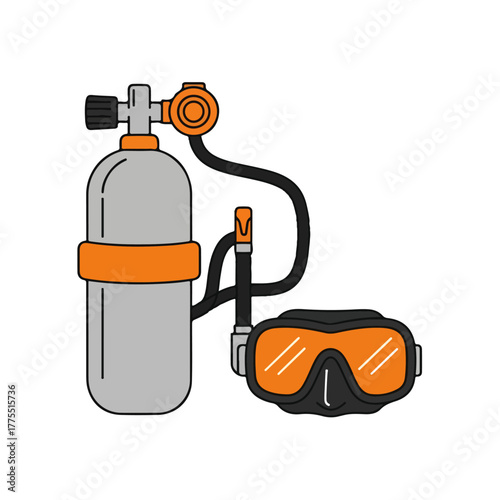 Scuba Diving Gear Illustration Tank, Mask, Regulator, Isolated on White
