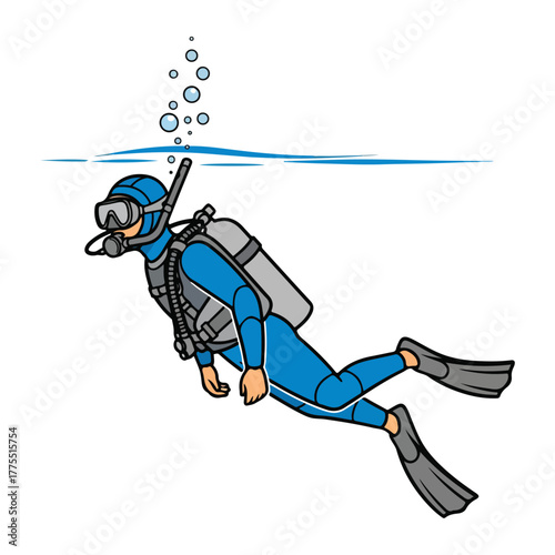 Scuba Diver Swimming Underwater with Bubbles, Blue Color Scheme