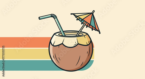 Retro Coconut Drink Illustration with Stripes Background for Summer Vibes