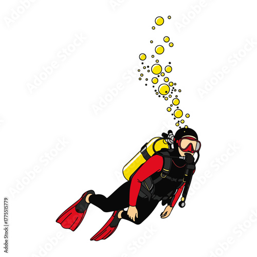 Scuba Diver with Bubbles Floating Upwards on White Background