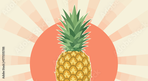 Retro style pineapple illustration with radiating light rays design