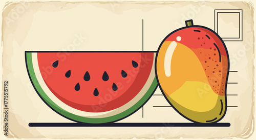 Retro style illustration of a watermelon slice and a mango side by side